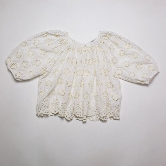 Madewell Embroidered Shirred Puff-Sleeve Top Women's XS Ivory Floral Eyelet - Picture 4 of 16